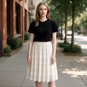 Forever 21 White Pleated Midi Skirt Sheer Grid Overlay Women’s Size Small